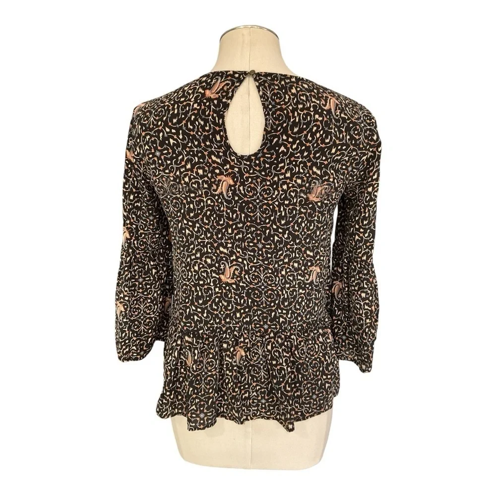 Madewell Silk Peplum Blouse Boho Print Long Sleeve XXS - Picture 3 of 6